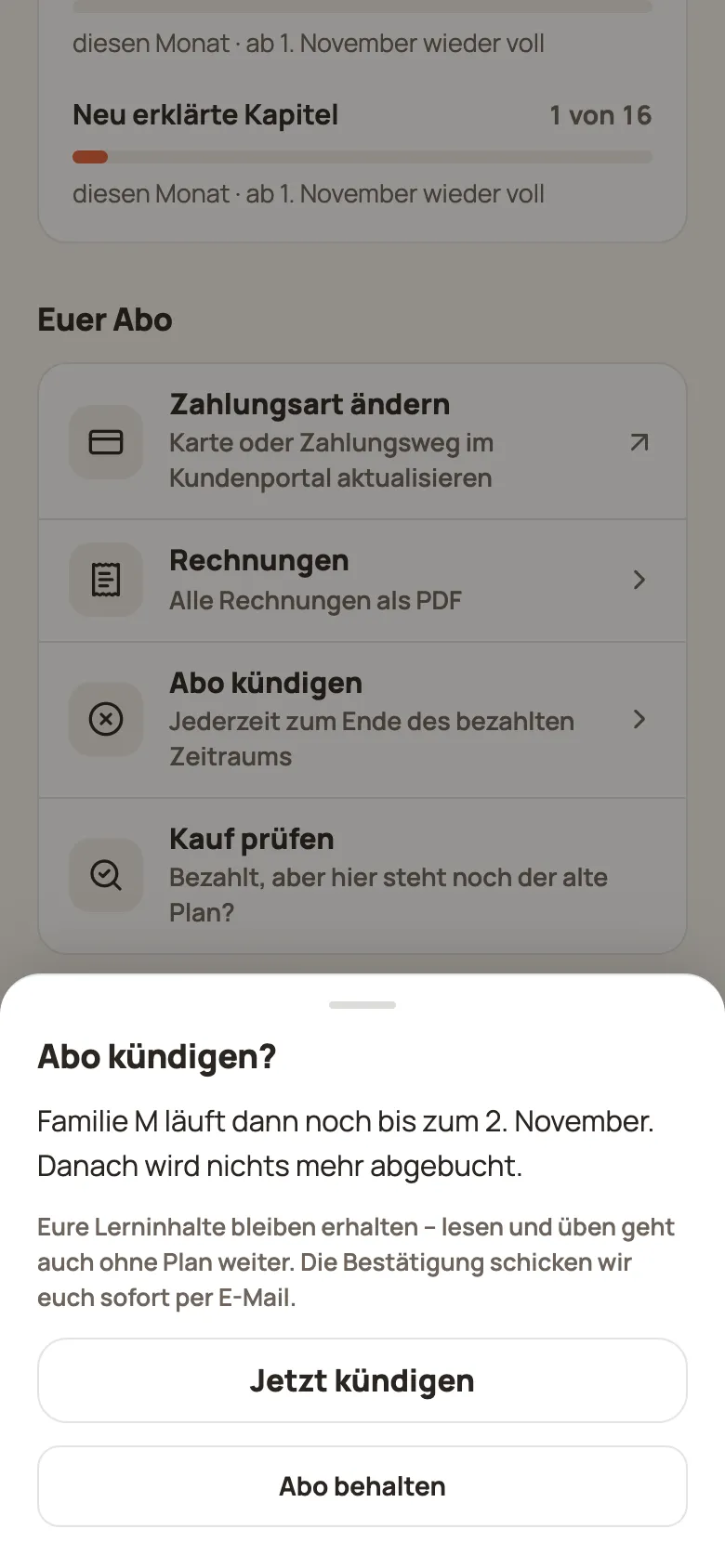 Hinweis „Abo kündigen?“ mit dem Datum, bis zu dem der Plan läuft, und den Schaltflächen „Jetzt kündigen“ und „Abo behalten“
