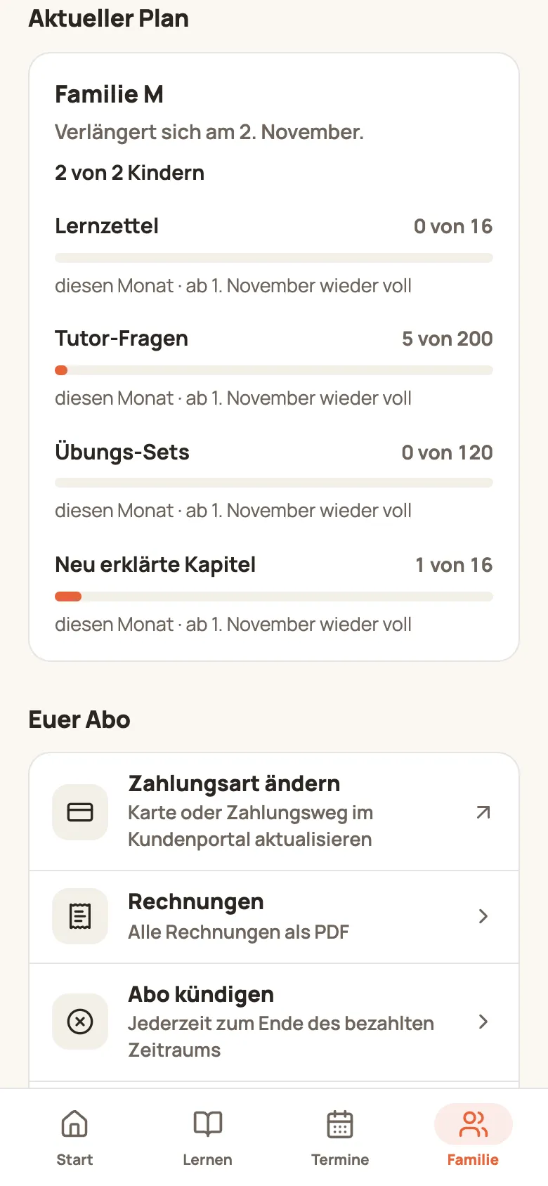 Seite „Plan & Abo“ mit dem Bereich „Euer Abo“: Zahlungsart ändern, Rechnungen, Abo kündigen und Kauf prüfen