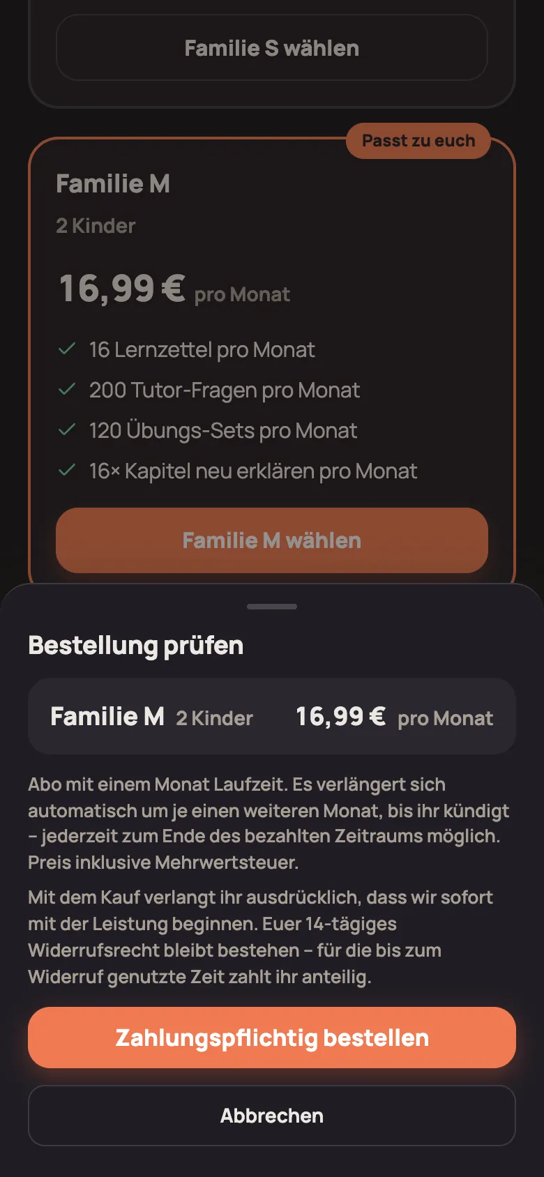 Hinweis „Bestellung prüfen“ mit Plan, Preis, Laufzeit und der Schaltfläche „Zahlungspflichtig bestellen“