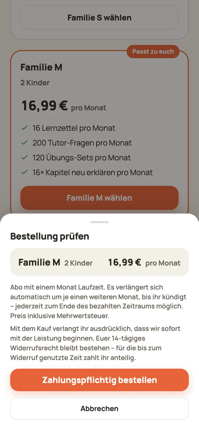 Hinweis „Bestellung prüfen“ mit Plan, Preis, Laufzeit und der Schaltfläche „Zahlungspflichtig bestellen“