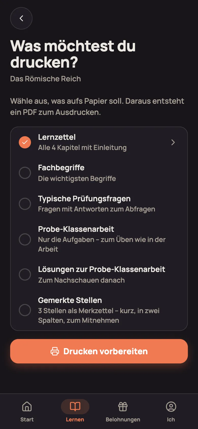 Seite „Was möchtest du drucken?“ mit Lernzettel, Fachbegriffen, typischen Prüfungsfragen, Probe-Klassenarbeit, Lösungen und gemerkten Stellen