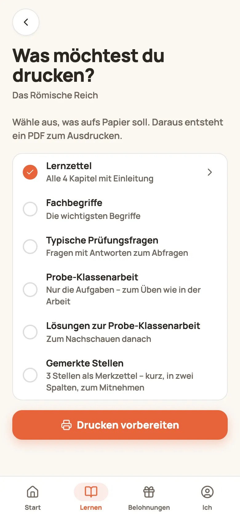 Seite „Was möchtest du drucken?“ mit Lernzettel, Fachbegriffen, typischen Prüfungsfragen, Probe-Klassenarbeit, Lösungen und gemerkten Stellen