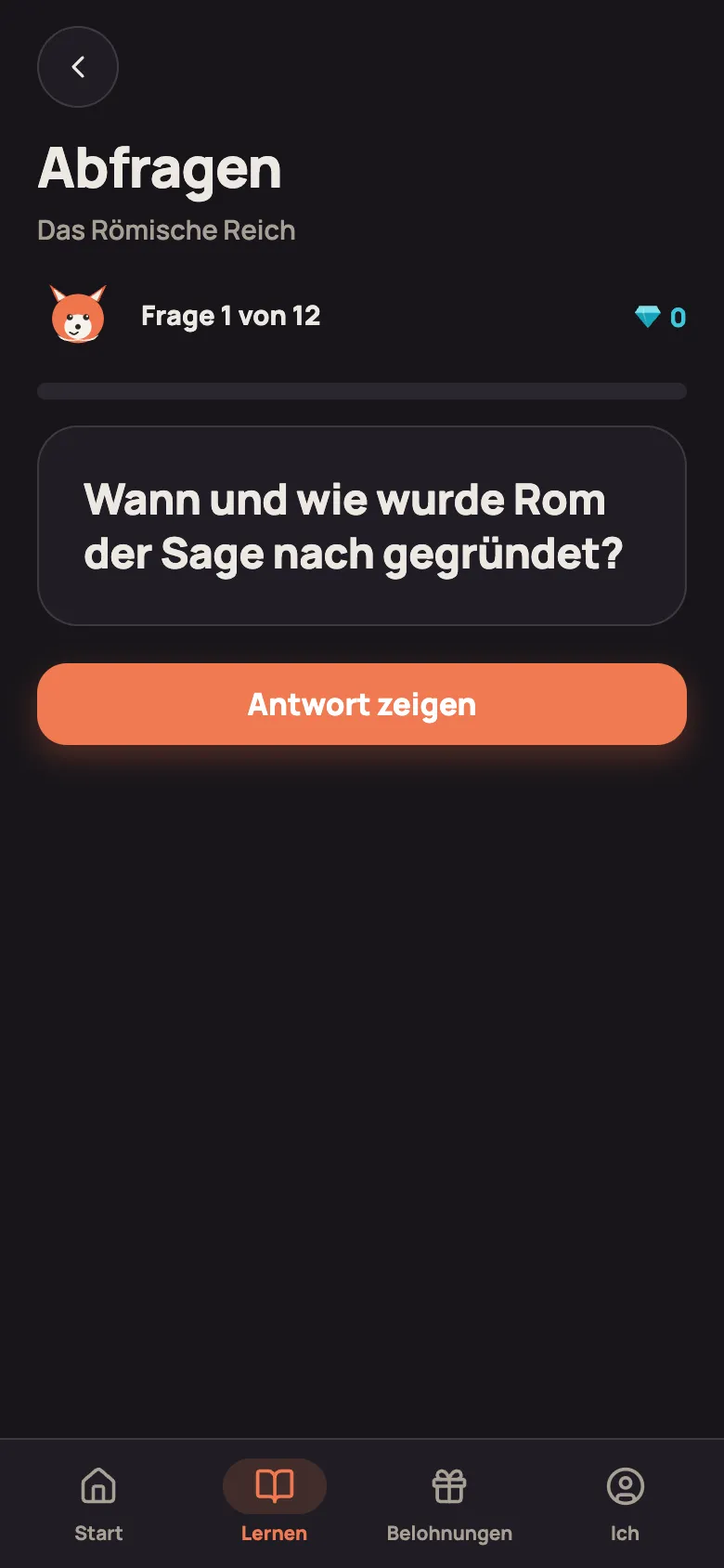 Abfragen: Frage 1 von 12 mit „Antwort zeigen“
