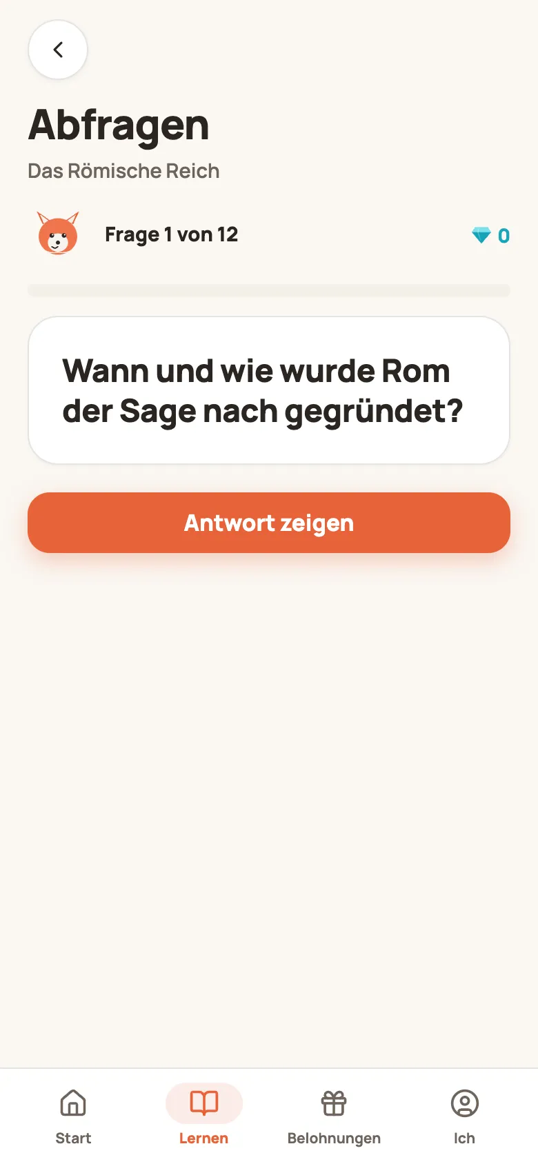 Abfragen: Frage 1 von 12 mit „Antwort zeigen“
