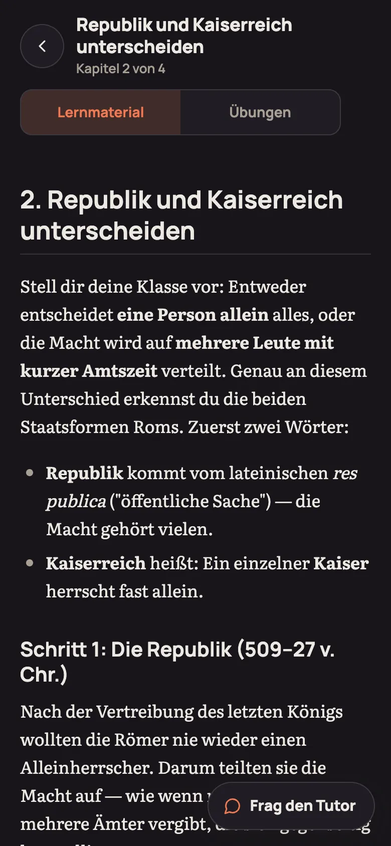 Kapitel „Republik und Kaiserreich unterscheiden“ im Lese-Modus auf dem Handy