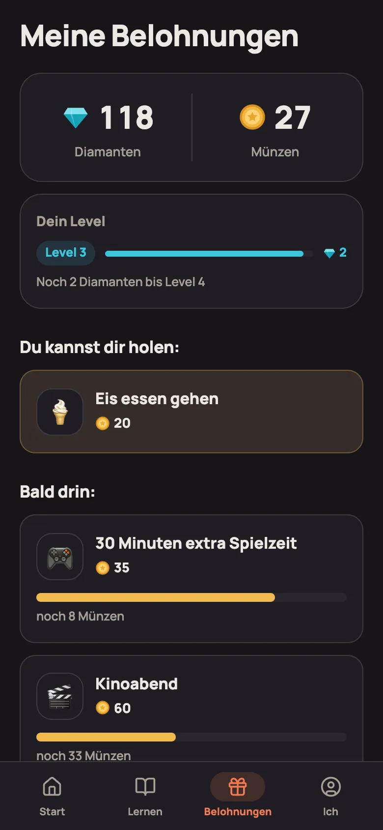 Meine Belohnungen mit 118 Diamanten, 27 Münzen und Belohnungen