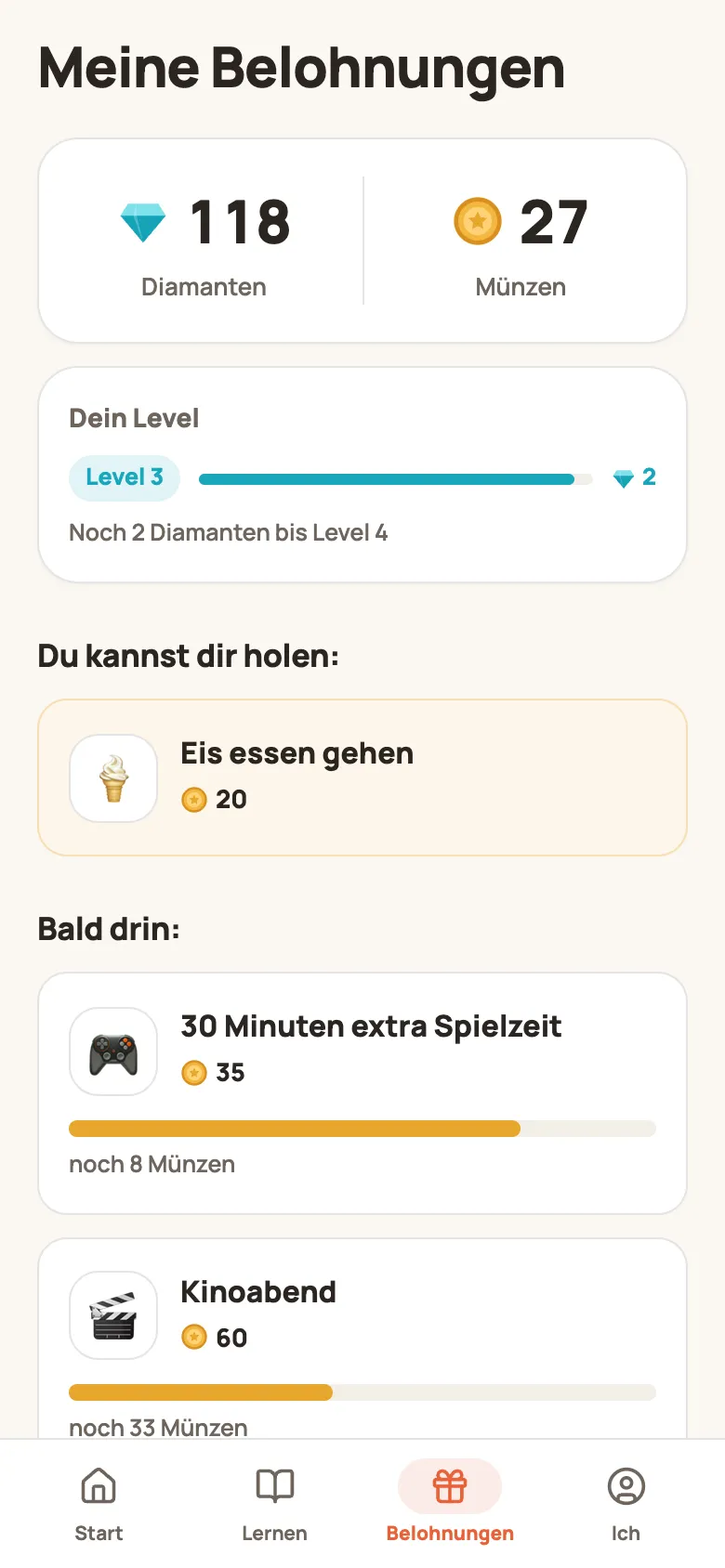 Meine Belohnungen mit 118 Diamanten, 27 Münzen und Belohnungen