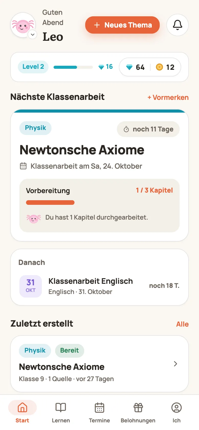 Start-Seite für Jugendliche mit eigenen Klassenarbeiten