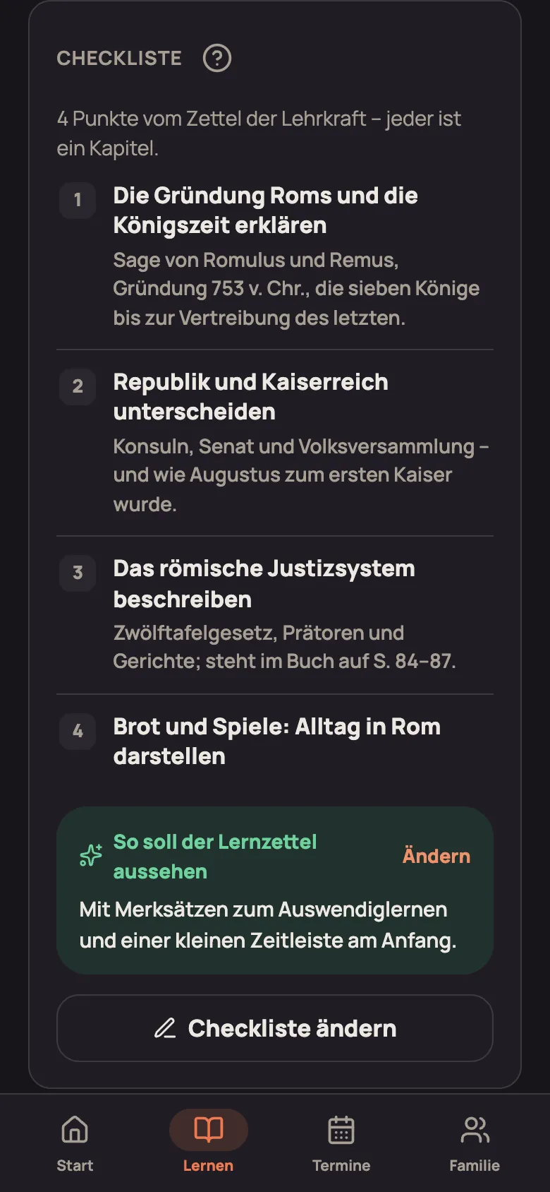 Die Karte „Checkliste“: vier Punkte mit Hinweisen, darunter „So soll der Lernzettel aussehen“ und „Checkliste ändern“