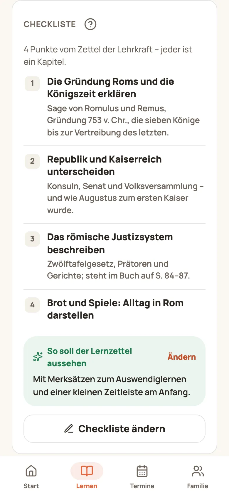 Die Karte „Checkliste“: vier Punkte mit Hinweisen, darunter „So soll der Lernzettel aussehen“ und „Checkliste ändern“