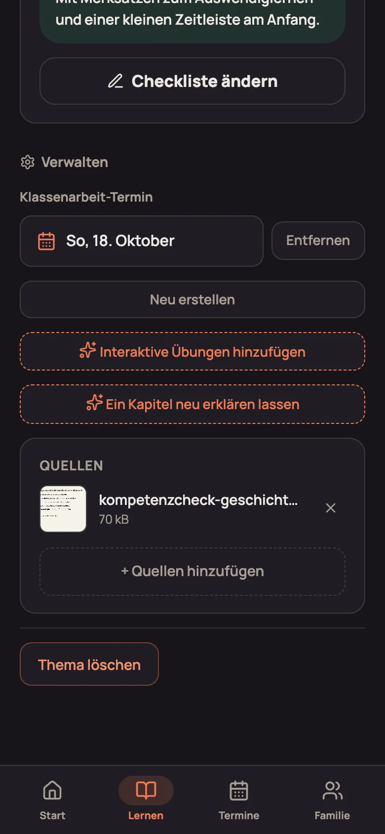 Aufgeklappter Bereich „Verwalten“ mit Klassenarbeit-Termin