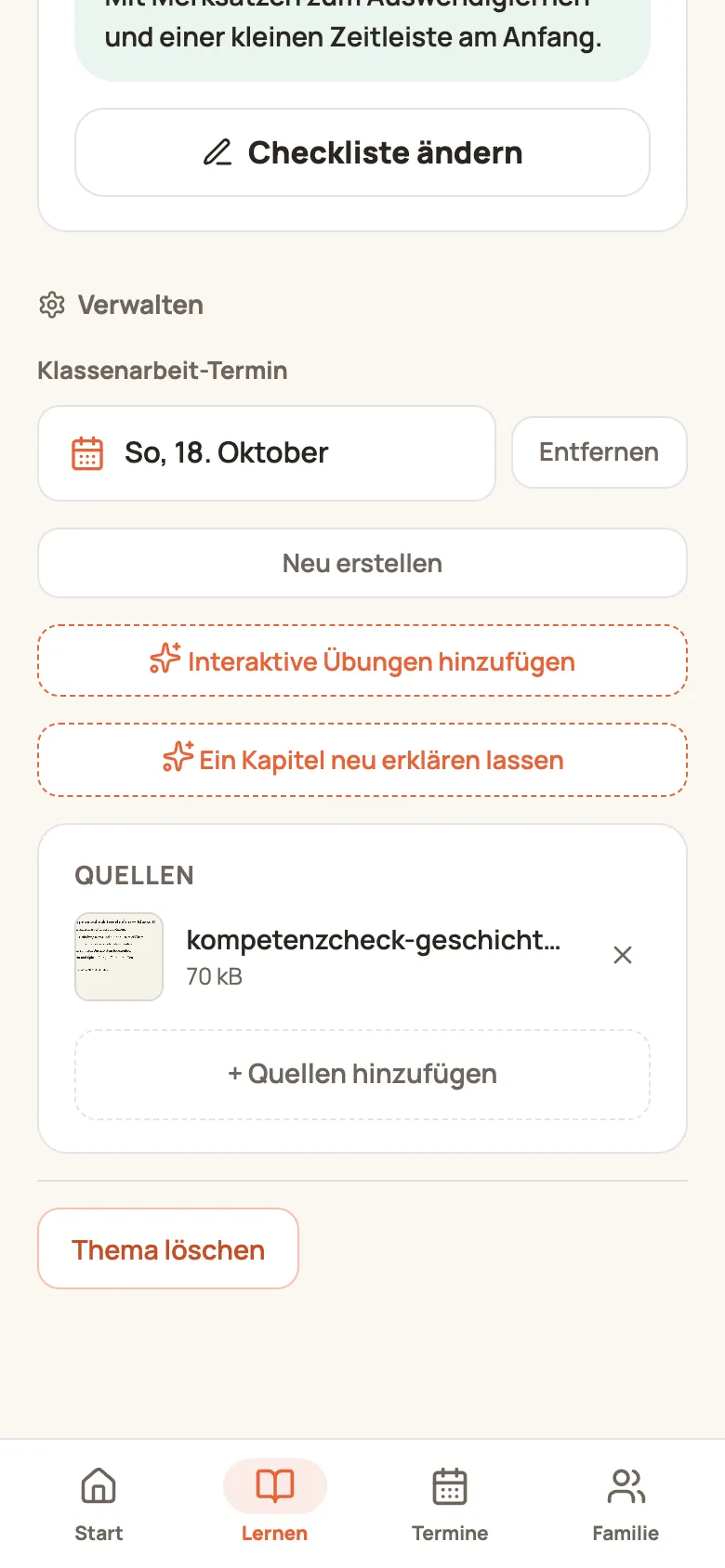 Aufgeklappter Bereich „Verwalten“ mit Klassenarbeit-Termin