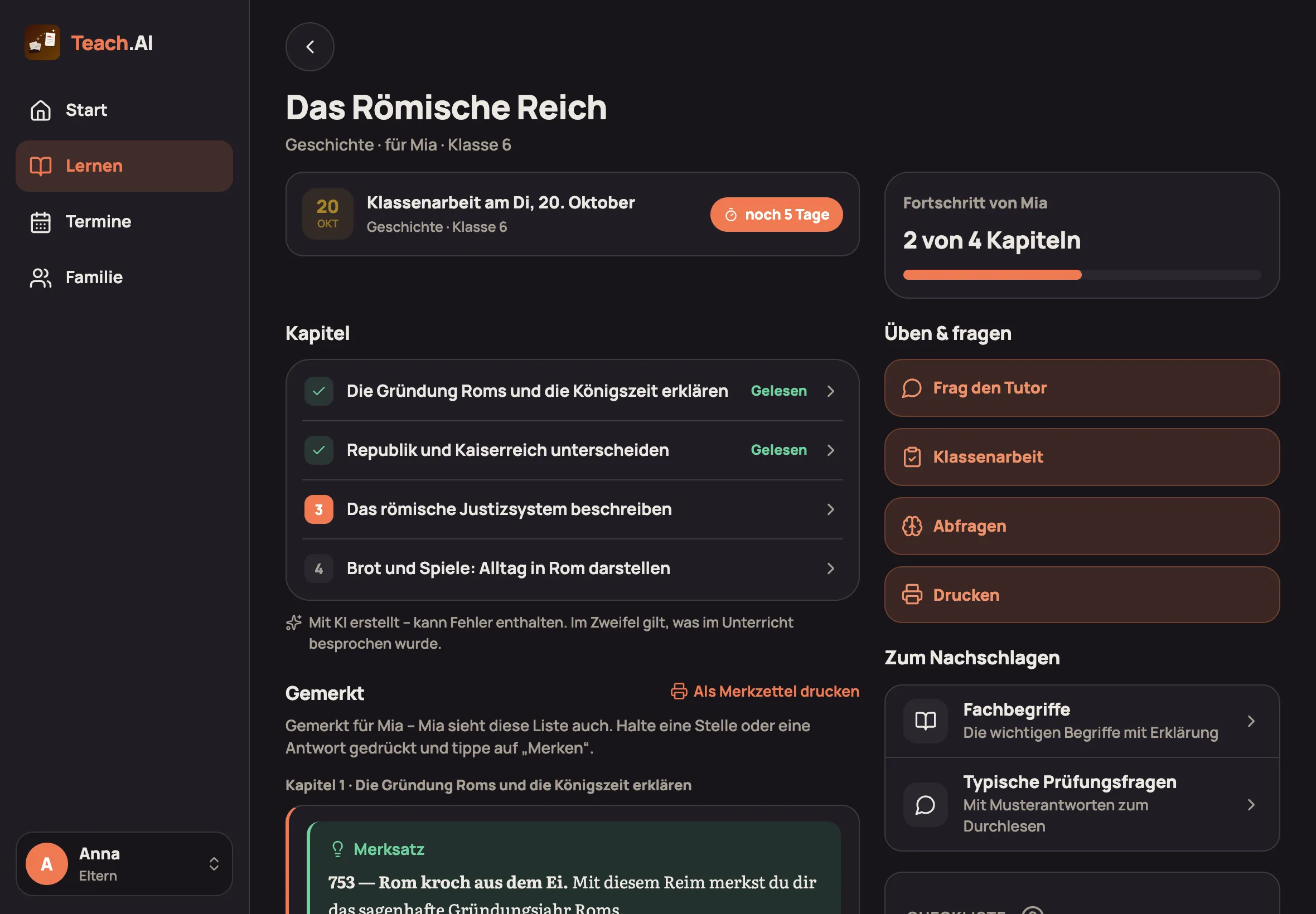 Themen-Seite auf dem iPad mit Kapiteln links und Fortschritt rechts