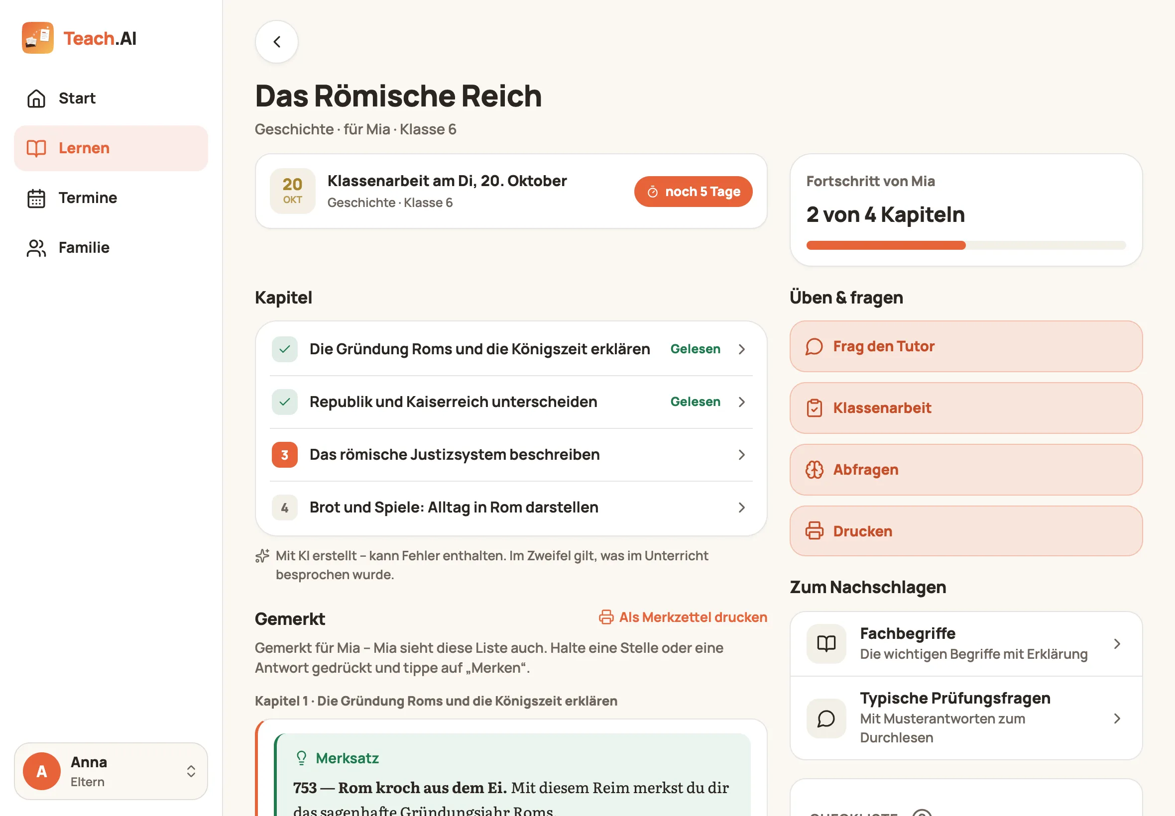 Themen-Seite auf dem iPad mit Kapiteln links und Fortschritt rechts