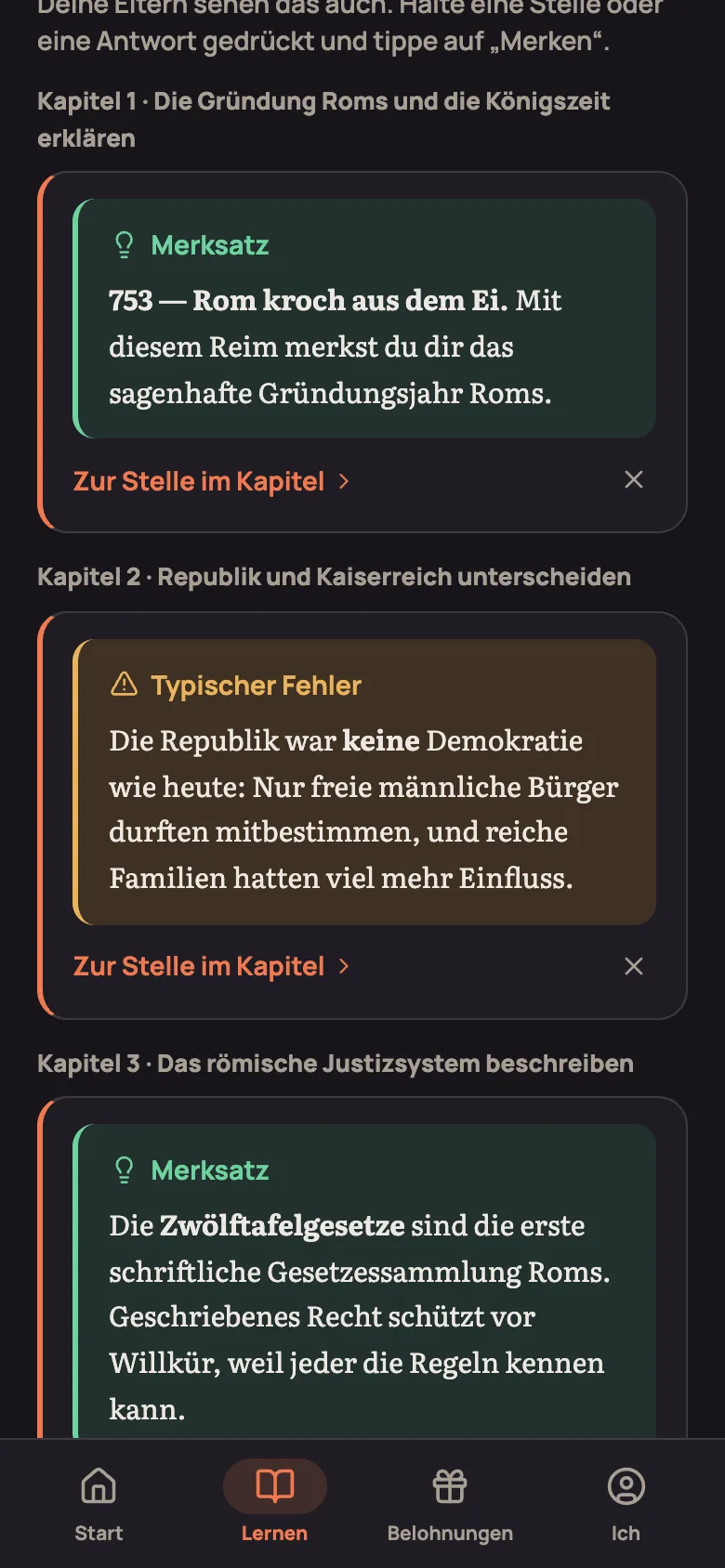 Liste „Gemerkt“ auf der Themen-Seite: Merksätze und ein typischer Fehler, nach Kapiteln sortiert, je mit „Zur Stelle im Kapitel“