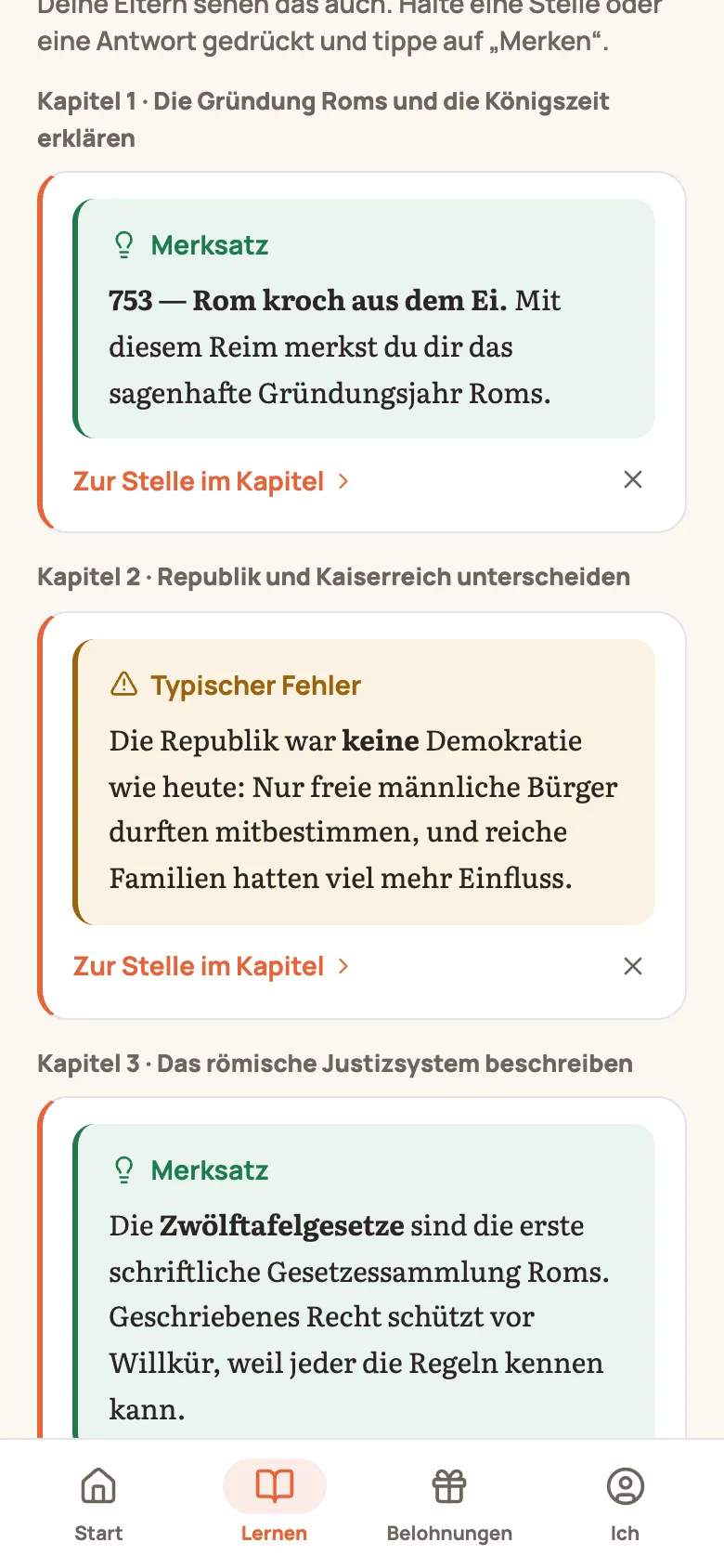 Liste „Gemerkt“ auf der Themen-Seite: Merksätze und ein typischer Fehler, nach Kapiteln sortiert, je mit „Zur Stelle im Kapitel“
