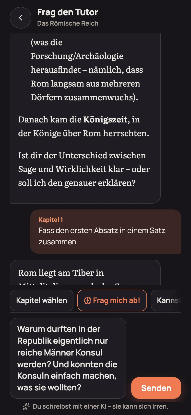 Tutor-Chat mit einer Antwort zur Römischen Republik und Vorschlägen