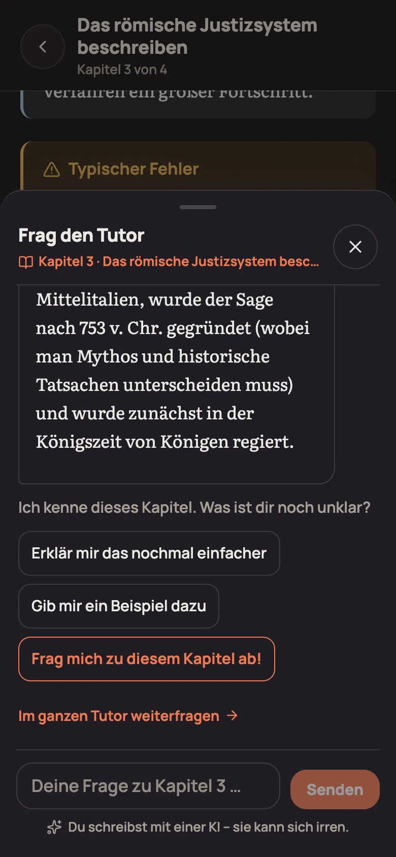 Tutor als Fenster über dem Kapitel: oben das Ende der letzten Antwort, darunter „Erklär mir das nochmal einfacher“, „Gib mir ein Beispiel dazu“ und „Frag mich zu diesem Kapitel ab!“