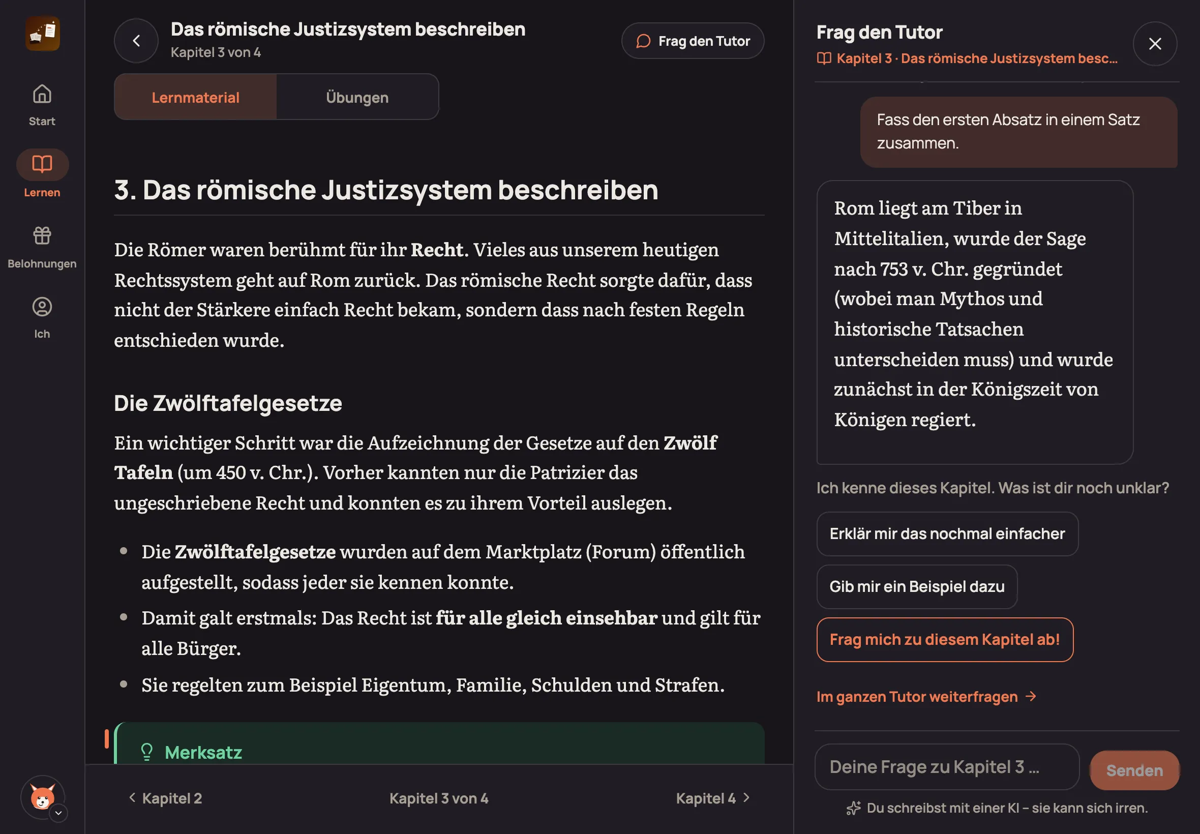 Auf dem iPad steht der Tutor rechts neben dem Kapitel