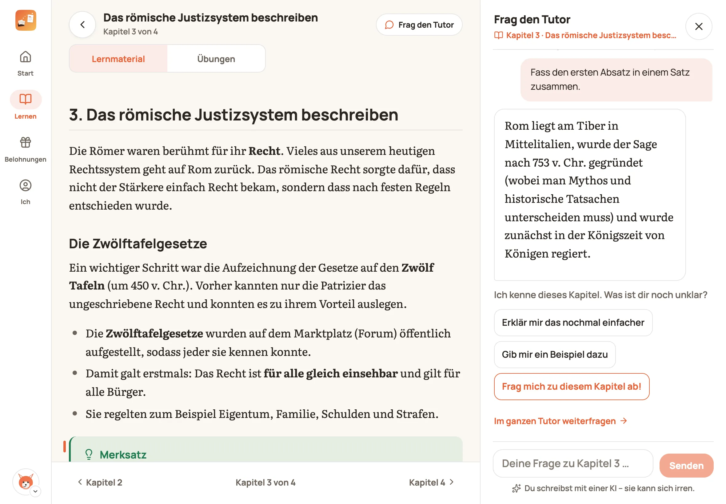 Auf dem iPad steht der Tutor rechts neben dem Kapitel