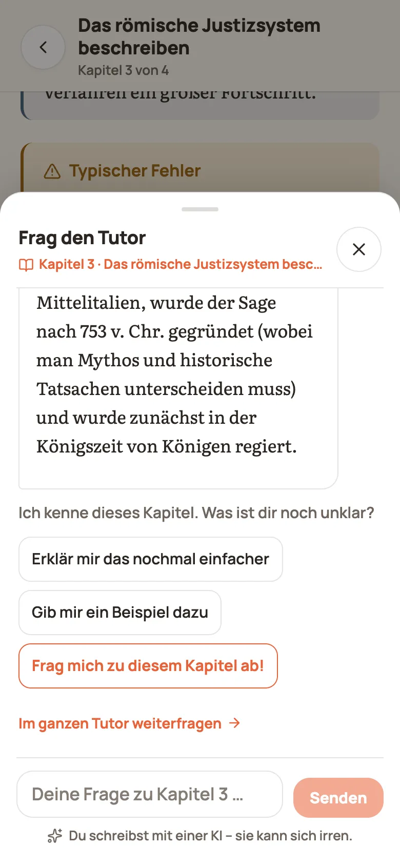 Tutor als Fenster über dem Kapitel: oben das Ende der letzten Antwort, darunter „Erklär mir das nochmal einfacher“, „Gib mir ein Beispiel dazu“ und „Frag mich zu diesem Kapitel ab!“
