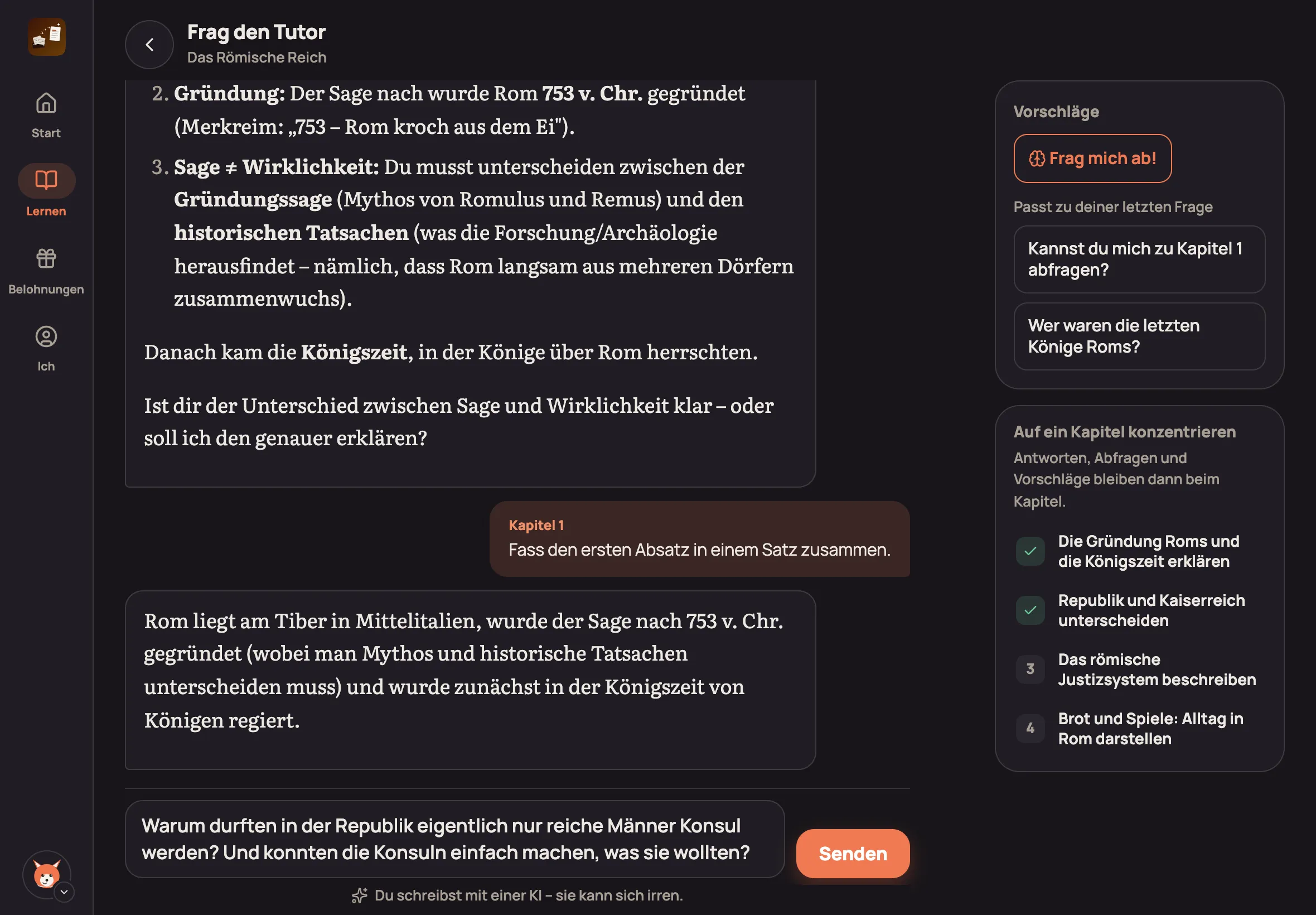 Tutor-Chat auf dem iPad mit Vorschlägen und Kapitel-Fokus rechts