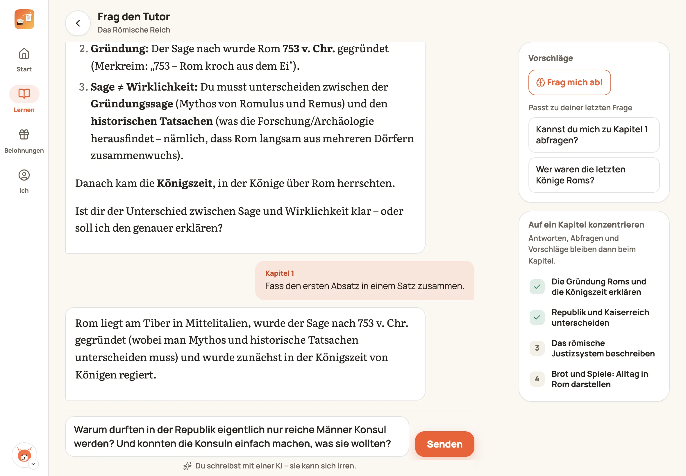 Tutor-Chat auf dem iPad mit Vorschlägen und Kapitel-Fokus rechts