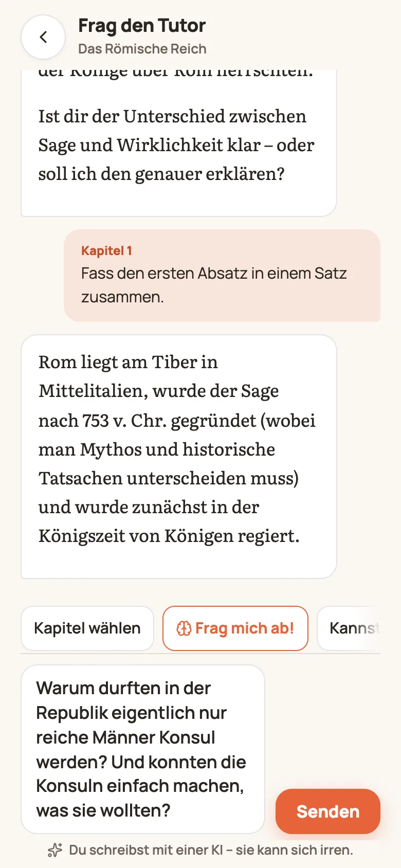 Tutor-Chat mit einer Antwort zur Römischen Republik und Vorschlägen
