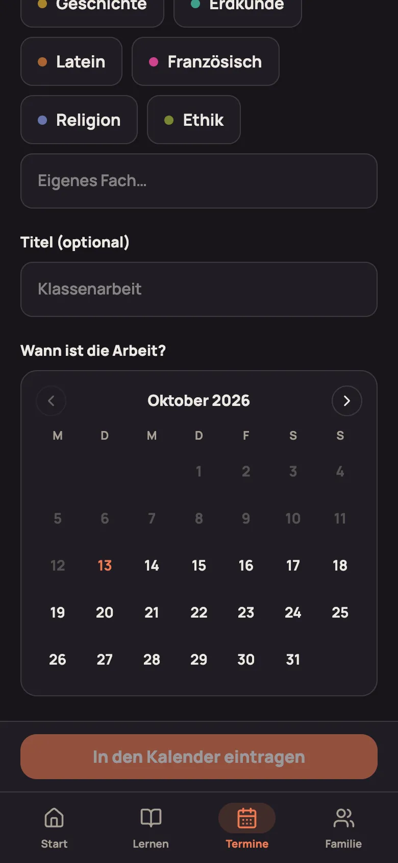 Klassenarbeit vormerken: Kalender „Wann ist die Arbeit?“