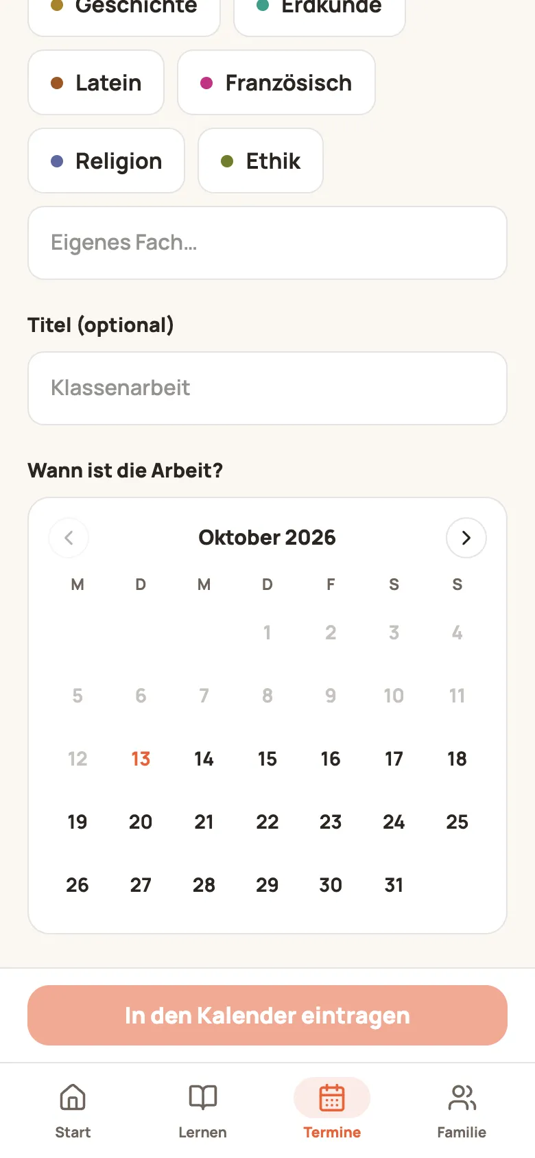Klassenarbeit vormerken: Kalender „Wann ist die Arbeit?“