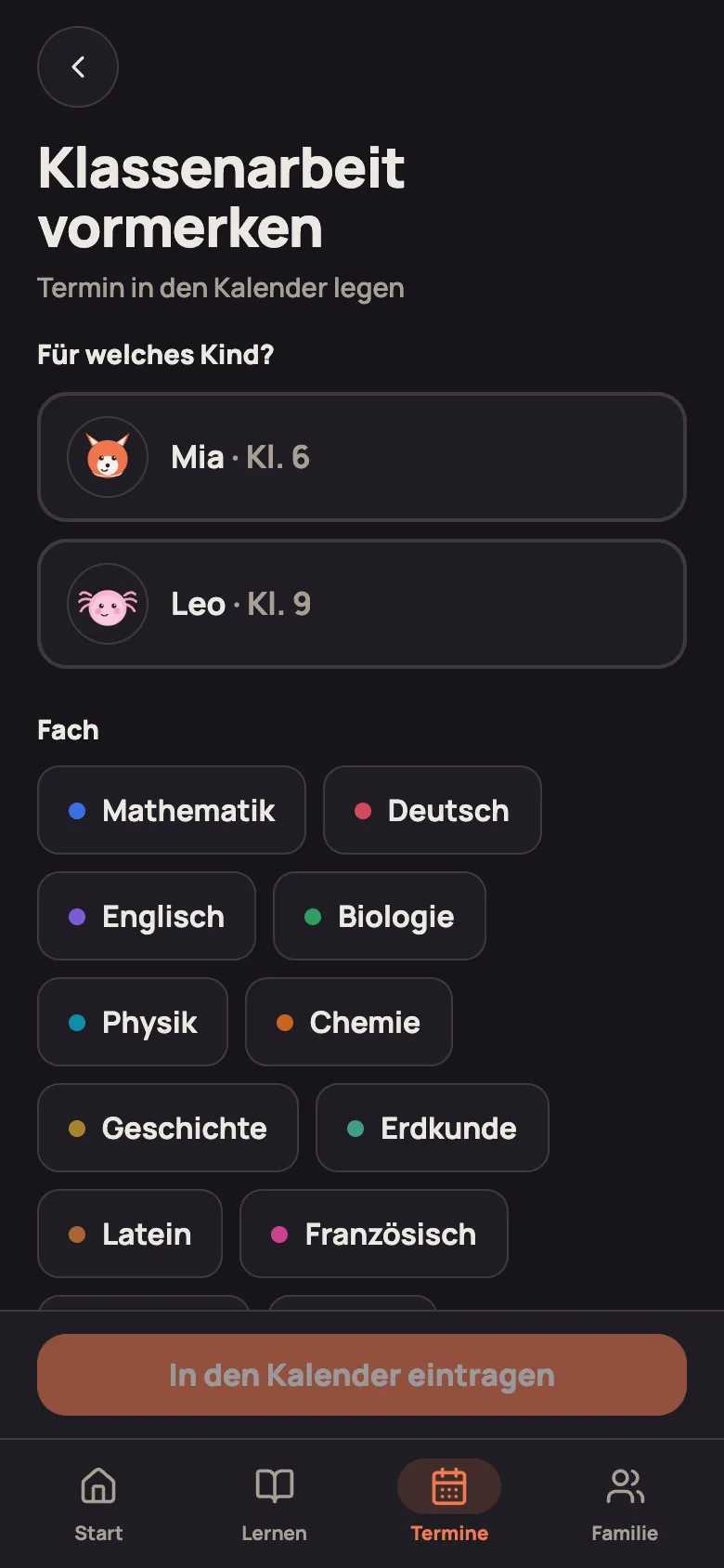 Klassenarbeit vormerken: Kind und Fach auswählen