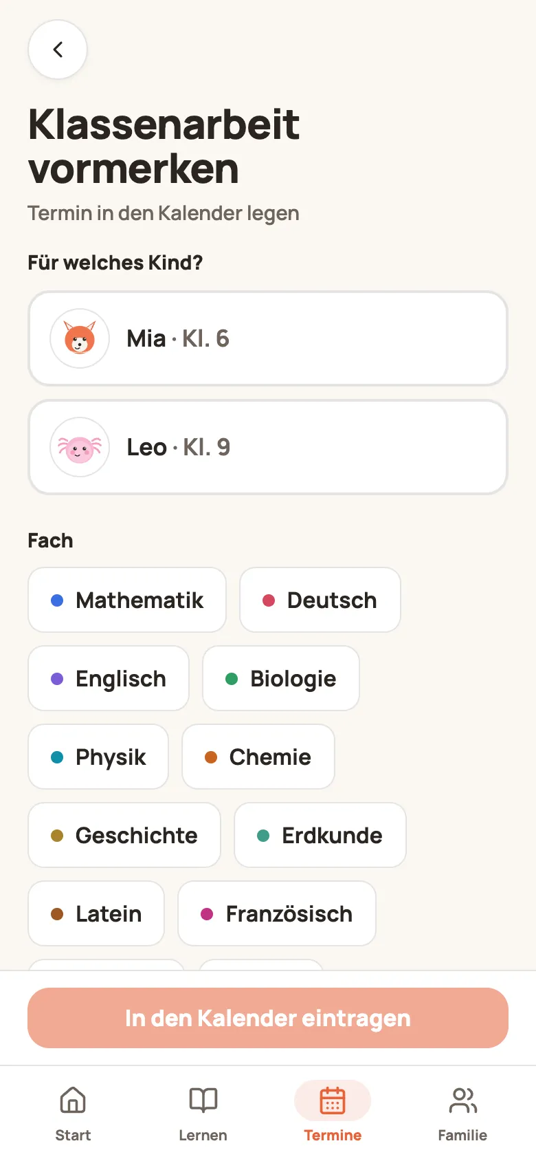Klassenarbeit vormerken: Kind und Fach auswählen