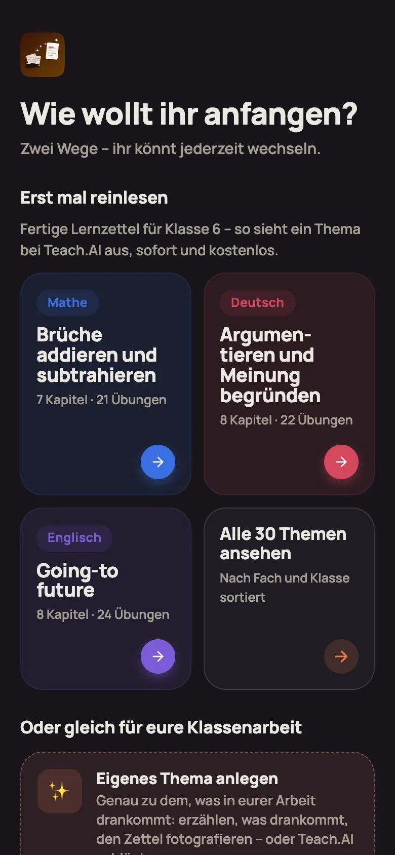 Wie wollt ihr anfangen? Fertige Lernzettel für Klasse 6 und die Karte Eigenes Thema anlegen
