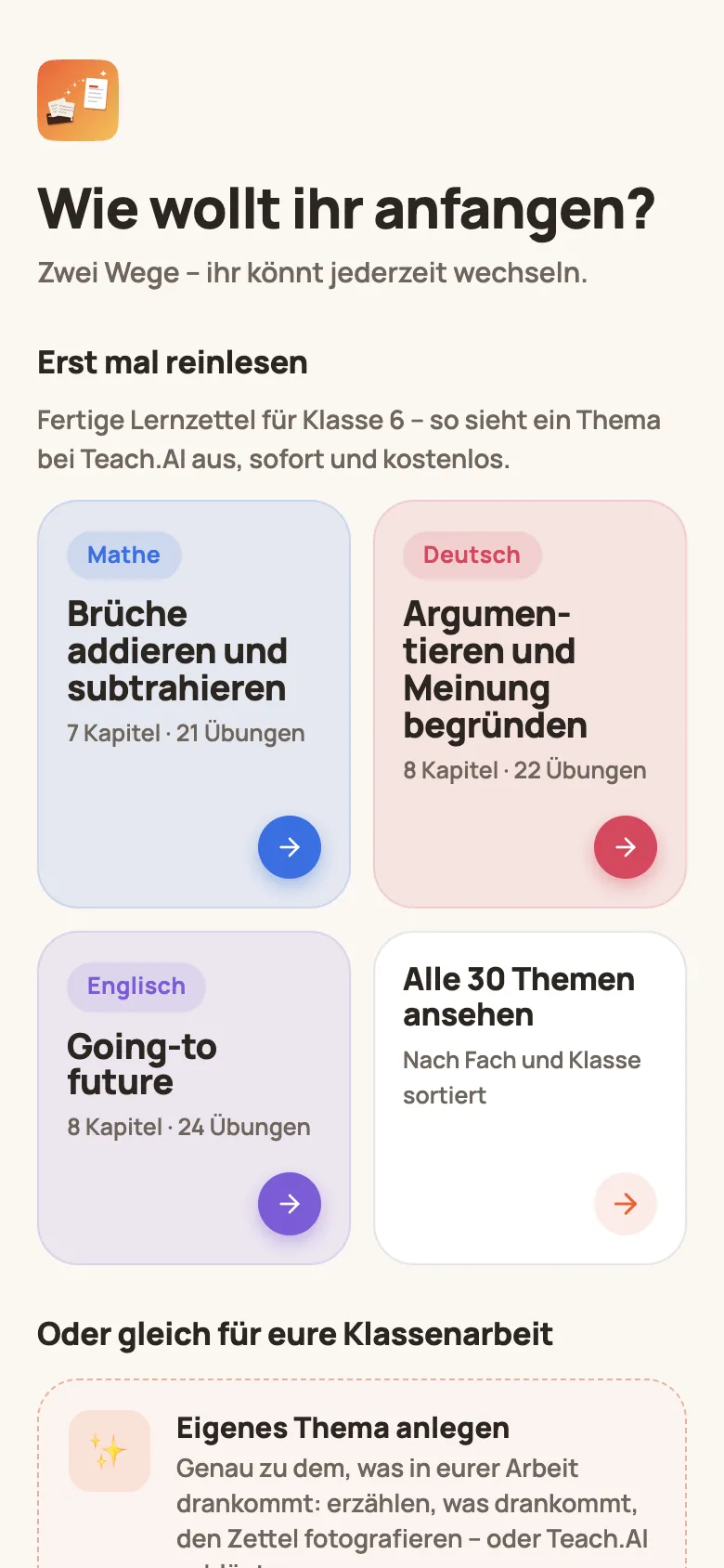 Wie wollt ihr anfangen? Fertige Lernzettel für Klasse 6 und die Karte Eigenes Thema anlegen