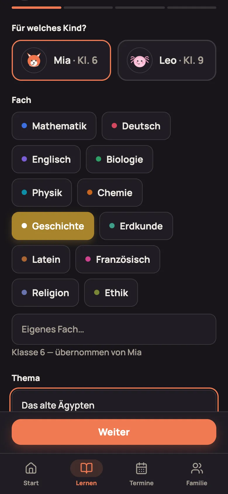 Schritt 1 „Basisdaten“ mit Kind, Fach und Thema