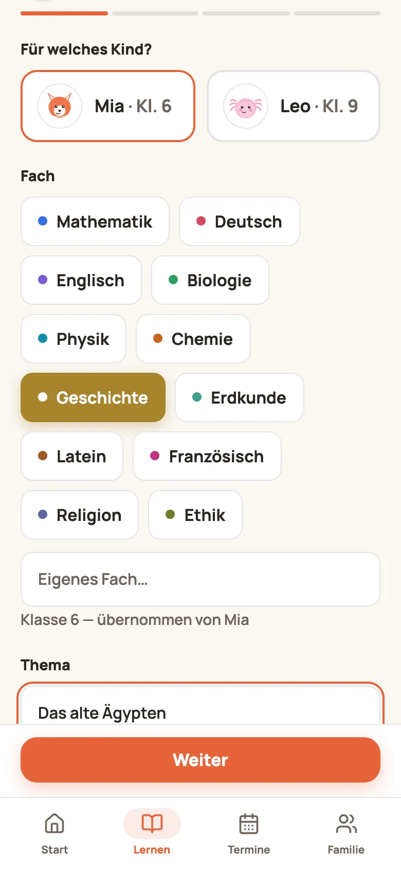 Schritt 1 „Basisdaten“ mit Kind, Fach und Thema