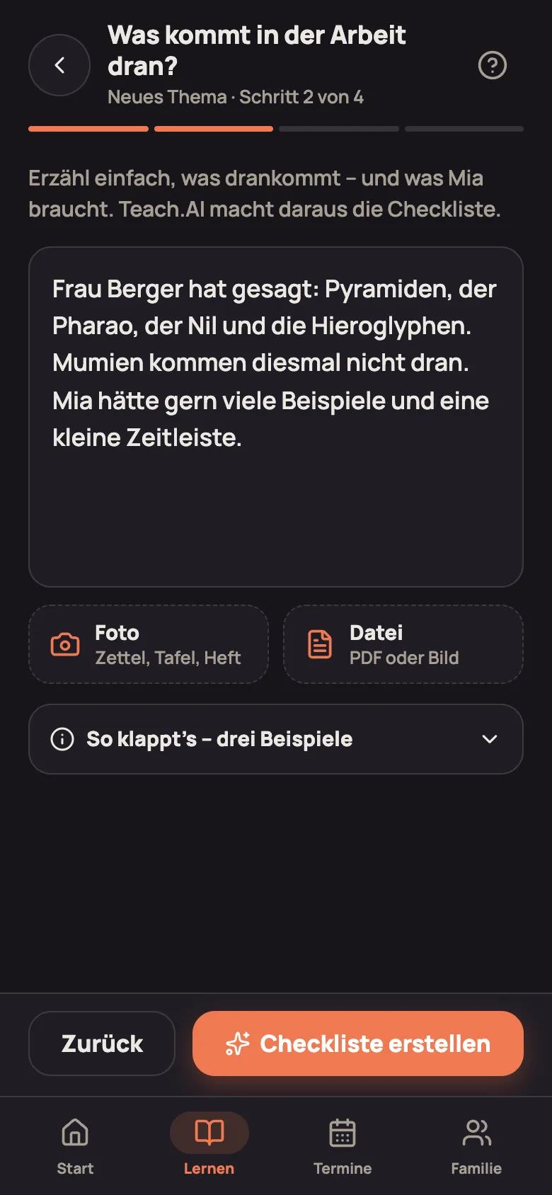 Schritt 2 „Was kommt in der Arbeit dran?“ mit dem großen Textfeld, Foto und Datei