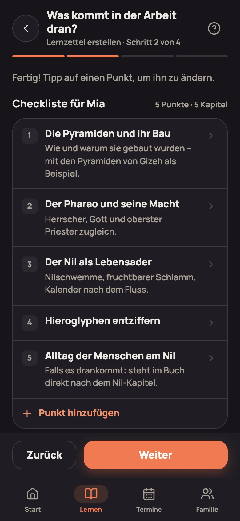 Die fertige Checkliste: oben „Weggelassen“ mit „Mumien und Totenkult“ und einem Plus daneben, darunter fünf Punkte mit Hinweisen
