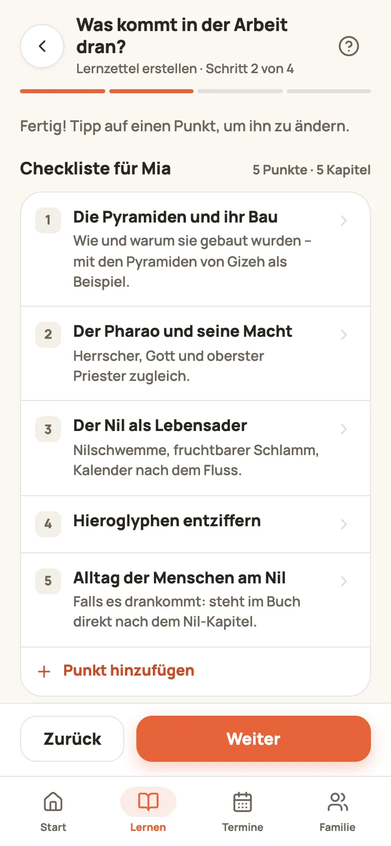 Die fertige Checkliste: oben „Weggelassen“ mit „Mumien und Totenkult“ und einem Plus daneben, darunter fünf Punkte mit Hinweisen