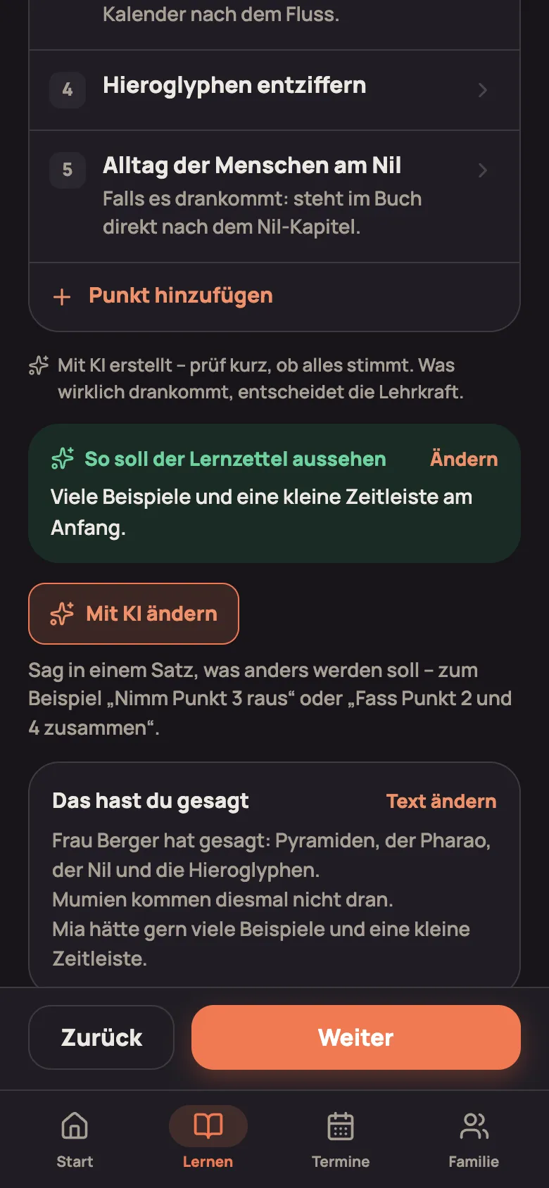 Unter der Liste: der KI-Hinweis, die Karte „So soll der Lernzettel aussehen“, „Mit KI ändern“ und „Das hast du gesagt“