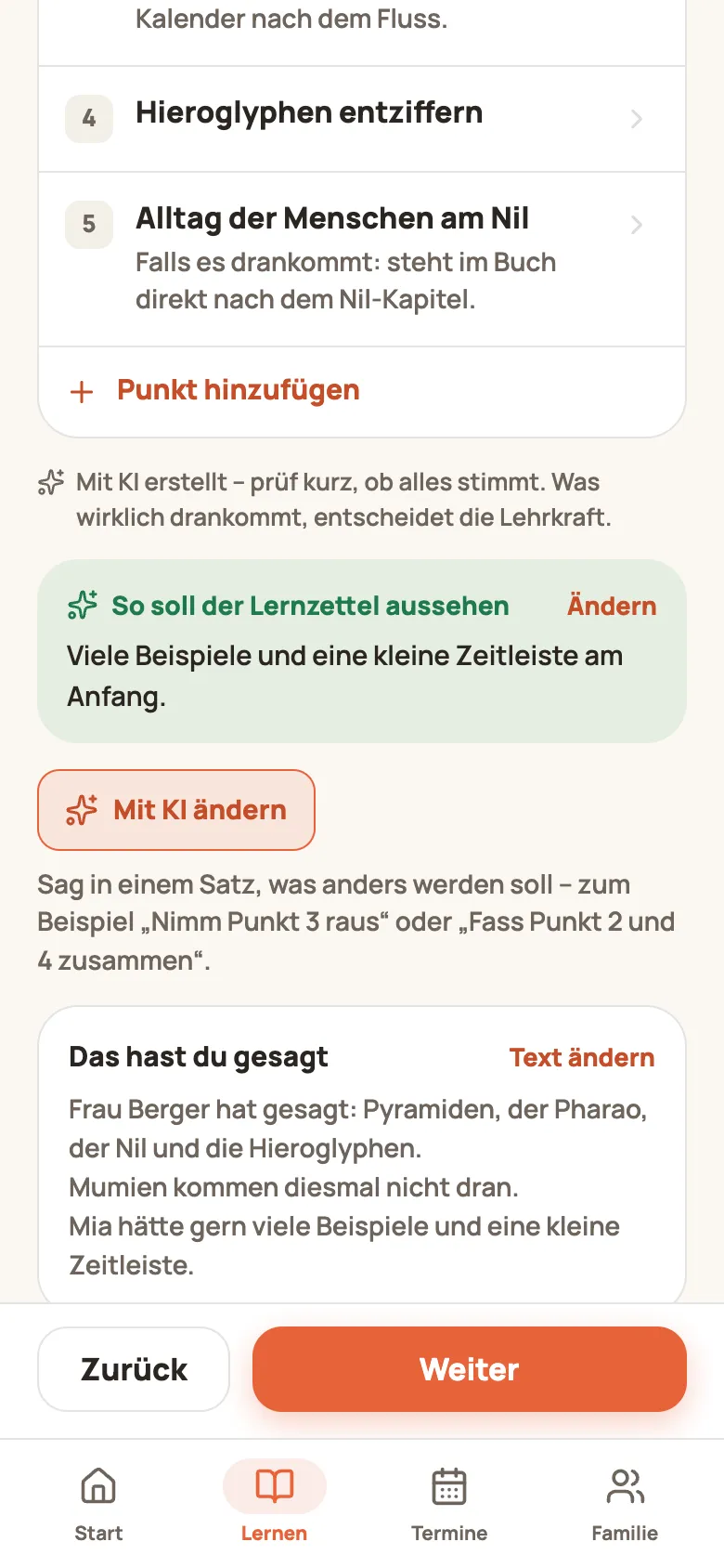 Unter der Liste: der KI-Hinweis, die Karte „So soll der Lernzettel aussehen“, „Mit KI ändern“ und „Das hast du gesagt“