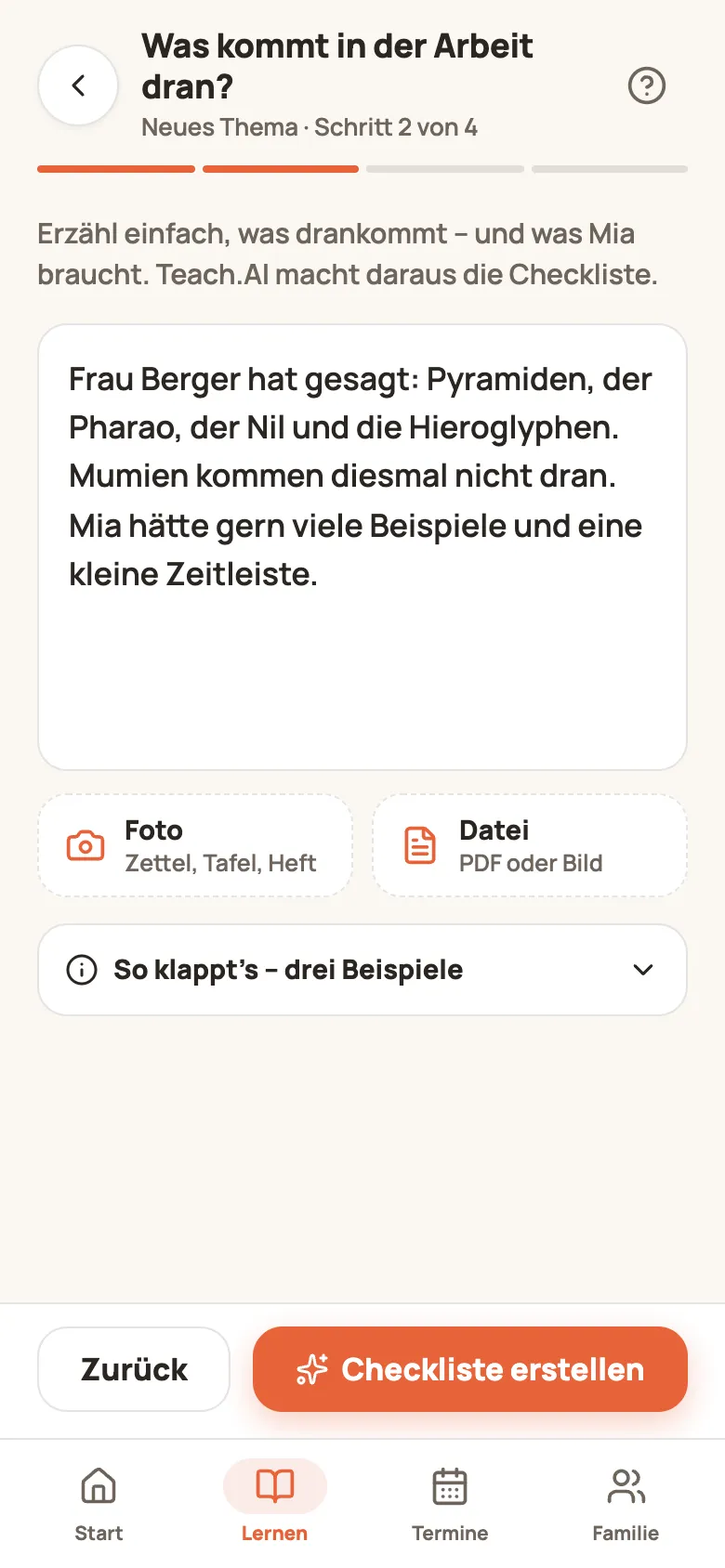 Schritt 2 „Was kommt in der Arbeit dran?“ mit dem großen Textfeld, Foto und Datei