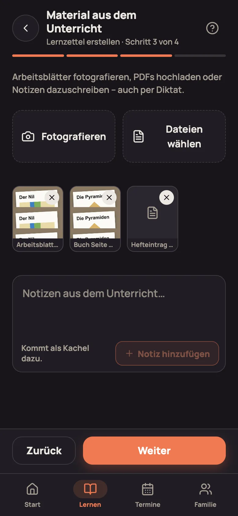 Schritt 3 „Material“ mit Fotografieren, Dateien wählen, den Material-Kacheln und dem Notizfeld