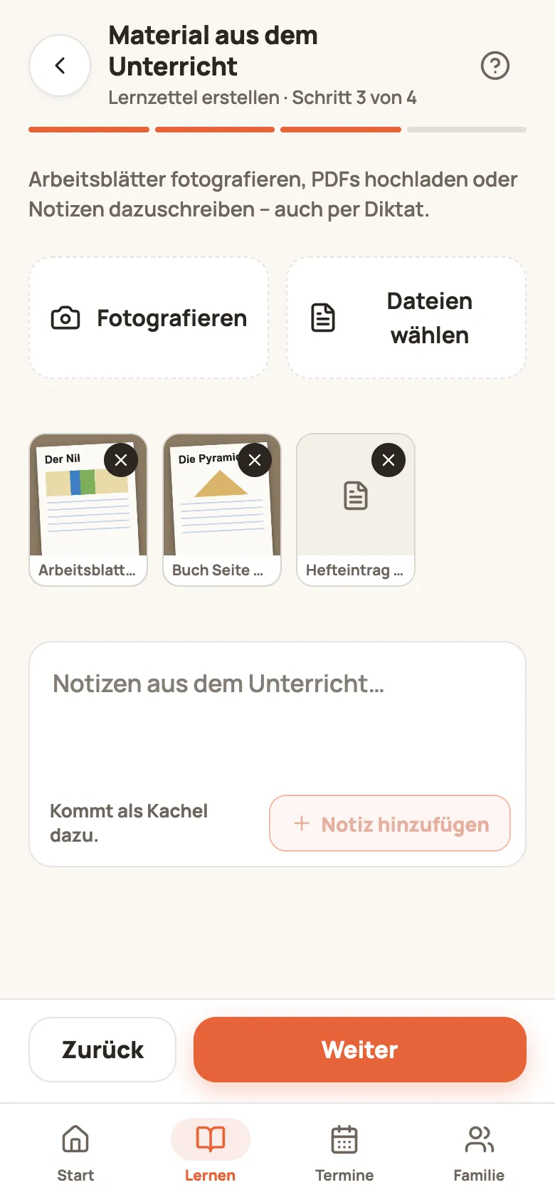 Schritt 3 „Material“ mit Fotografieren, Dateien wählen, den Material-Kacheln und dem Notizfeld
